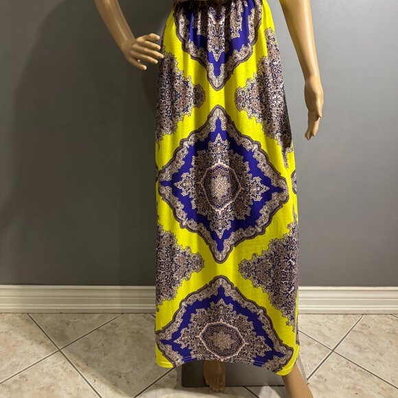 boohoo Baroque Maxi Dress 💛 yellow & royal blue racerback summer dress - Picture 6 of 8